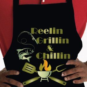 Mens Gift BBQ Fishing Camping Grilling Black Apron